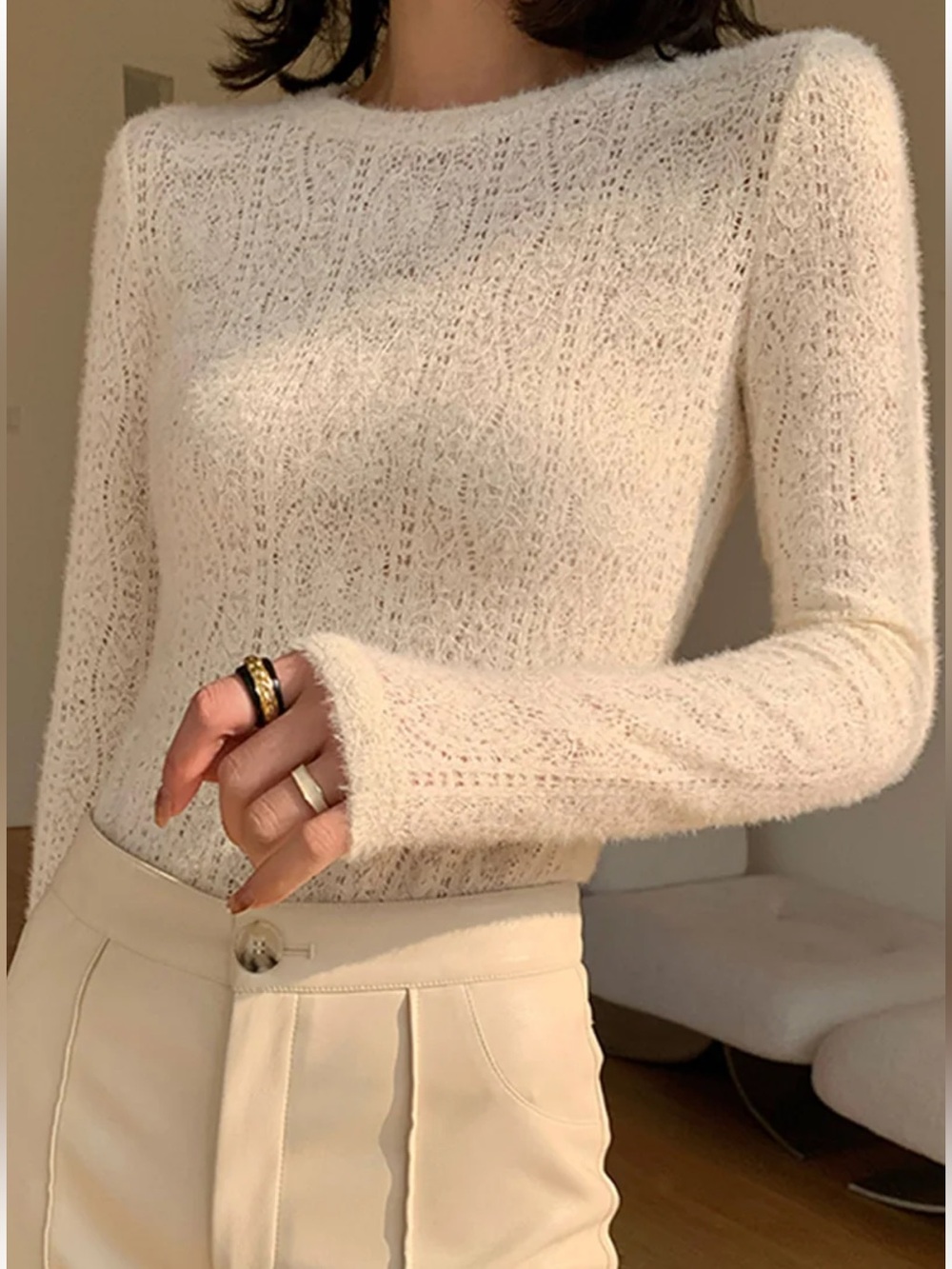 Commense Lightweight Open-Knit Long Sleeve Top-Cream